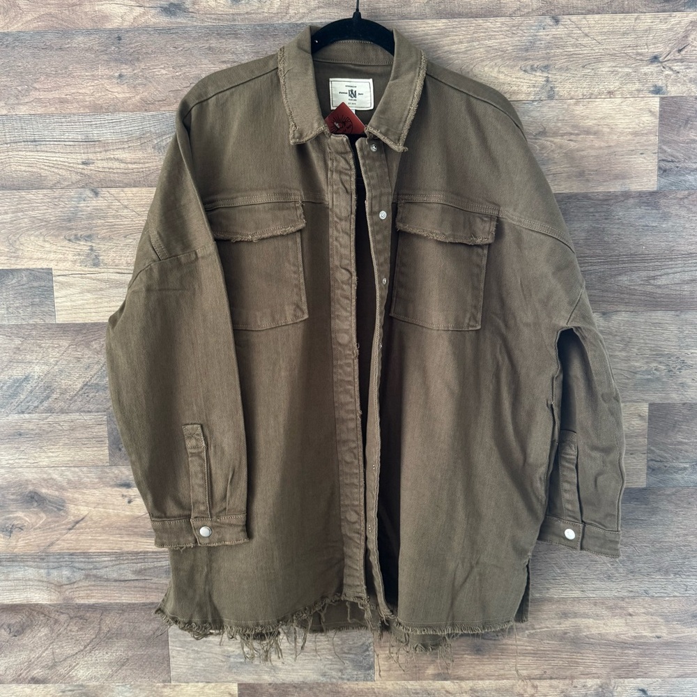 Nwt Olive Green Button Up Oversized Shacket with Raw Hem